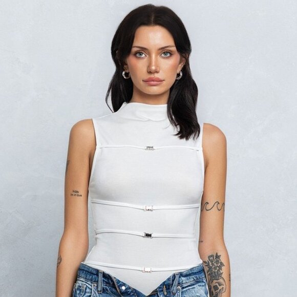Scuba Mock Neck Tank Top W/ Metal Clasps - White - Picture 1 of 3